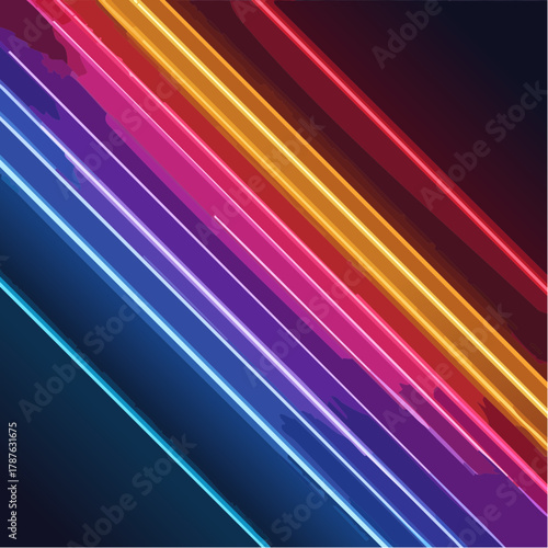 A luminous background formed from glowing neon lines stacked diagonally against a dark black surface.