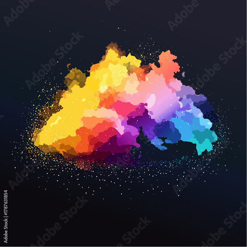 A vibrant, shimmering cloud of finely ground spice powder is dramatically illuminated against a dark background.