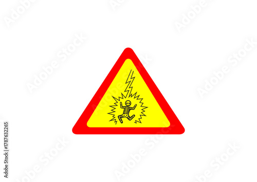High voltage warning sign with a red triangle border and yellow background, displaying an electric shock hazard symbol for safety awareness.
