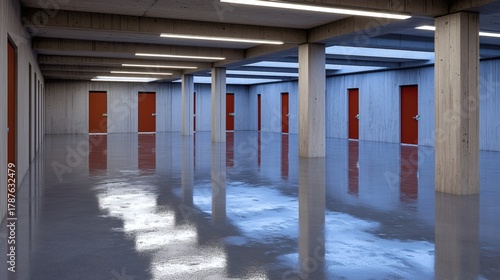 Empty Modern Hallway with Reflective Floor and Red Doors in Minimalistic Architectural Design
