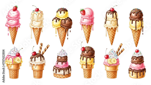 A delightful collection of watercolor ice cream cones and cakes, showcasing various flavors and toppings.