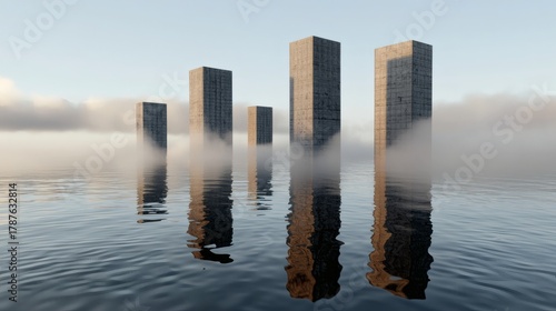 Abstract Reflection of Concrete Monoliths Rising from Calm Misty Water Under Soft Morning Light
