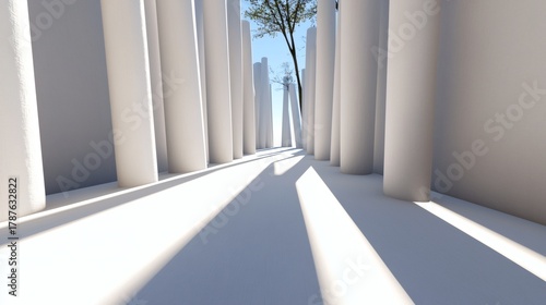 Minimalistic Urban Landscape with Columns and a Tree Under Bright Sky