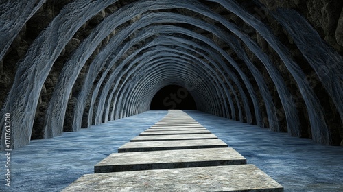 Mysterious Underground Tunnel with Stone Pathway Leading into Darkness