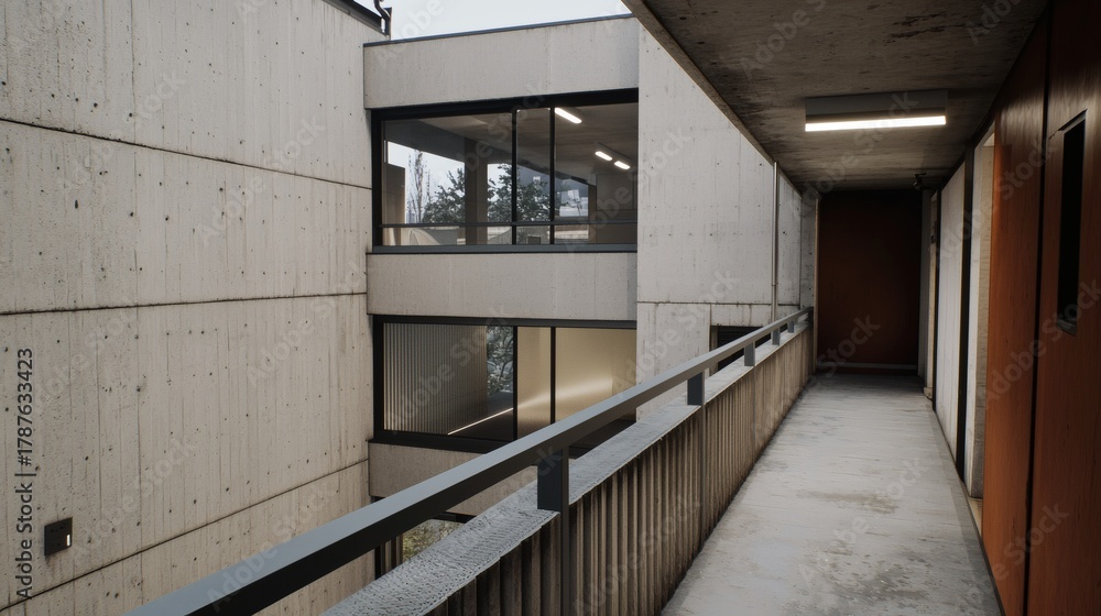 Fototapeta premium Modern architectural balcony view showcasing minimalist design and contemporary building materials