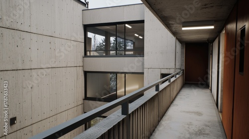 Modern architectural balcony view showcasing minimalist design and contemporary building materials