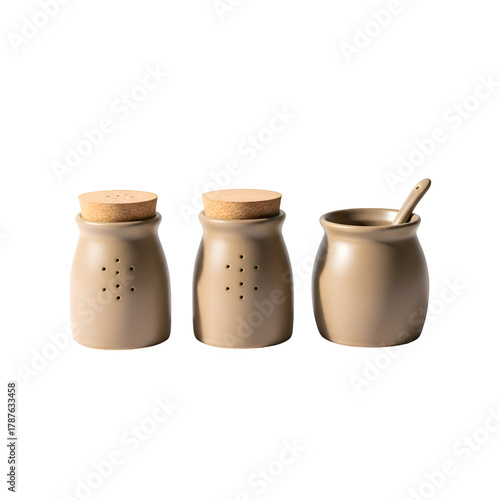 Three rustic ceramic jars with wooden lids one with a spoon.
