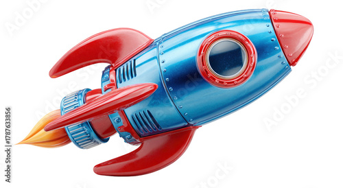 A vibrant toy rocket with red fins and blue body on transparent background