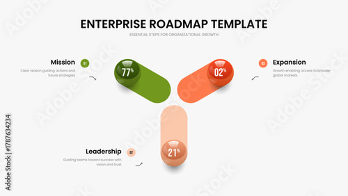 Creative Development Three Step Diagram Slide Layout. Corporate Forecast 3 Element Infographic Slideshow Design. Enterprise Briefing Frame Template Vector Illustration.