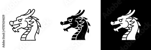 A stylized dragon head illustration in three forms—outlined black, solid black, and white silhouette—symbolizing power and strength.
