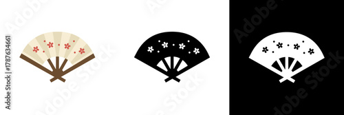 An elegant Japanese or Chinese folding fan design with floral decorations, displayed in color, black silhouette, and white silhouette versions.