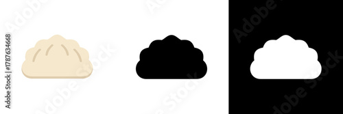 A simple illustration of a dumpling shown in three styles: a beige version, a solid black silhouette, and a white version on a black background.