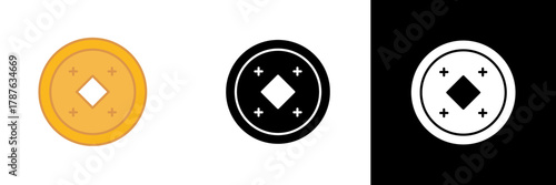 Coin icon: A circular coin design featuring a square hole and diamond shapes, displayed in gold, black, and white variations.