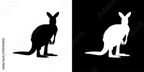 Kangaroo silhouette: A silhouette of a kangaroo standing upright with its tail stretched back, shown in both black and white backgrounds.