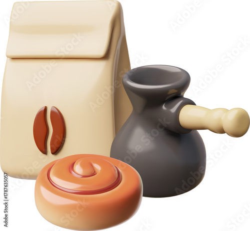 3D paper bag with coffee beans, a coffee pot, and a fresh bun.