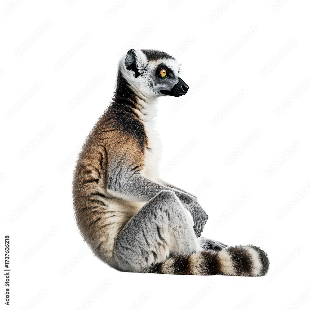 Obraz premium A side profile of a lemur sitting gracefully against a plain white background. its unique features and posture. ideal for educational or wildlife-themed projects