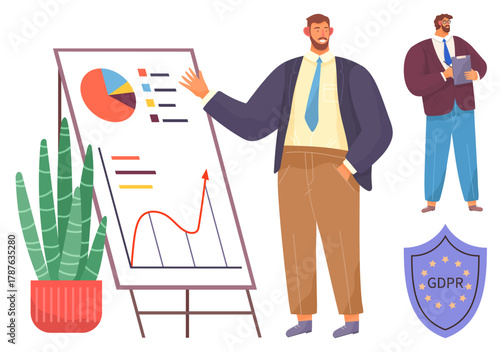 Professional presenting data with charts on a flipchart, GDPR shield, and colleague noting insights. Ideal for business, compliance, teamwork, presentation, analytics growth education. Simple flat