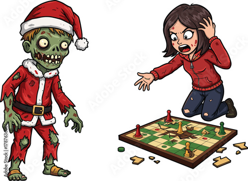 Cartoon zombie boy in Santa outfit and angry girl arguing over broken board game during Christmas holiday funny vector illustration.