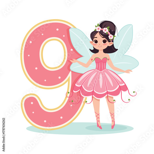 Cute and gentle fairy stands with number 9 on white background. Flora and Fauna. Birthday, Banner, Flyer, Greeting Card. Vector illustration in flat cartoon style