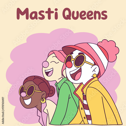 Three cartoon women with sunglasses and pink noses smiling in front of a pink cloud illustration