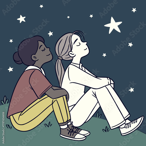 Two girls sitting on a hill gazing at the stars in the night sky with a sense of wonder and amazement