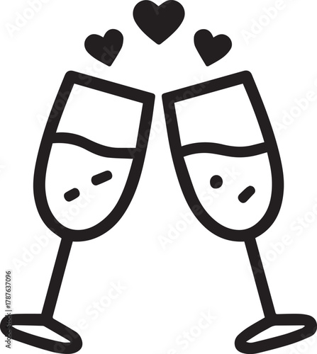 Two champagne flutes clink together, symbolized by hearts above the glass that celebrates a moment of love, joy, and togetherness.
