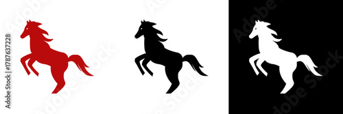 A red silhouette of a rearing horse, shown in three color variations—red, black, and white—symbolizing strength, energy, and freedom in a minimalist and bold design.