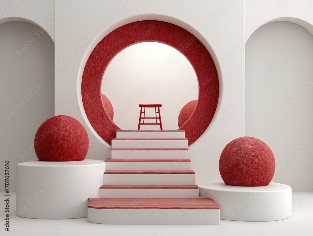 Obraz premium Birch L-shaped stepped podium with matte red ornament on seamless white background