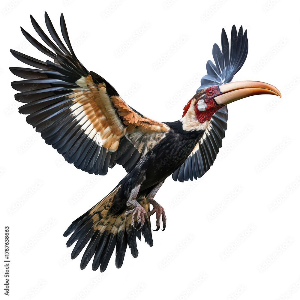 Obraz premium A majestic hornbill soaring gracefully through the sky. its plumage and impressive wingspan. with a blurred natural landscape in the background. ideal for wildlife photography