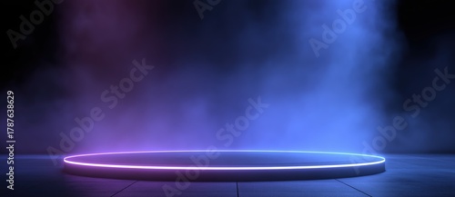 3d rendering of a podium stage with neon lights, a nightclub background with smoke and glow, for product presentation design. 