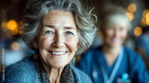 A close-up portrait of a happy elderly woman with gray hair and blue eyes, with a caregiver or nurse blurred in the background.