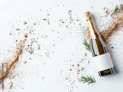 A bottle of champagne with a gold foil cap and a blank white label is surrounded by gold glitter, star-shaped confetti, and fresh rosemary sprigs on a white sur
