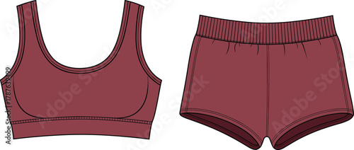 Colored vector flat sketch of women's gym bra and shorts activewear set, fashion illustration for fitness or sportswear design.