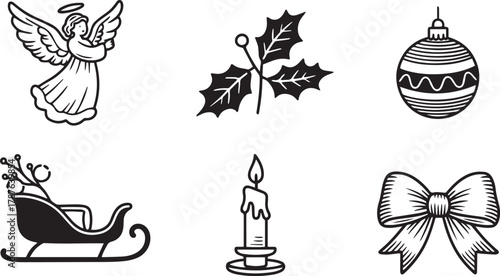 Christmas Icon Set - Black and White Engraving Style