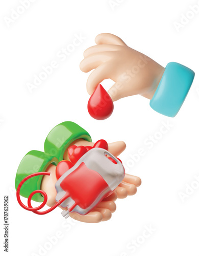 Blood donor hand give drops of blood and transfusion bag, container with cells plasma, 3D vector medicine and donation