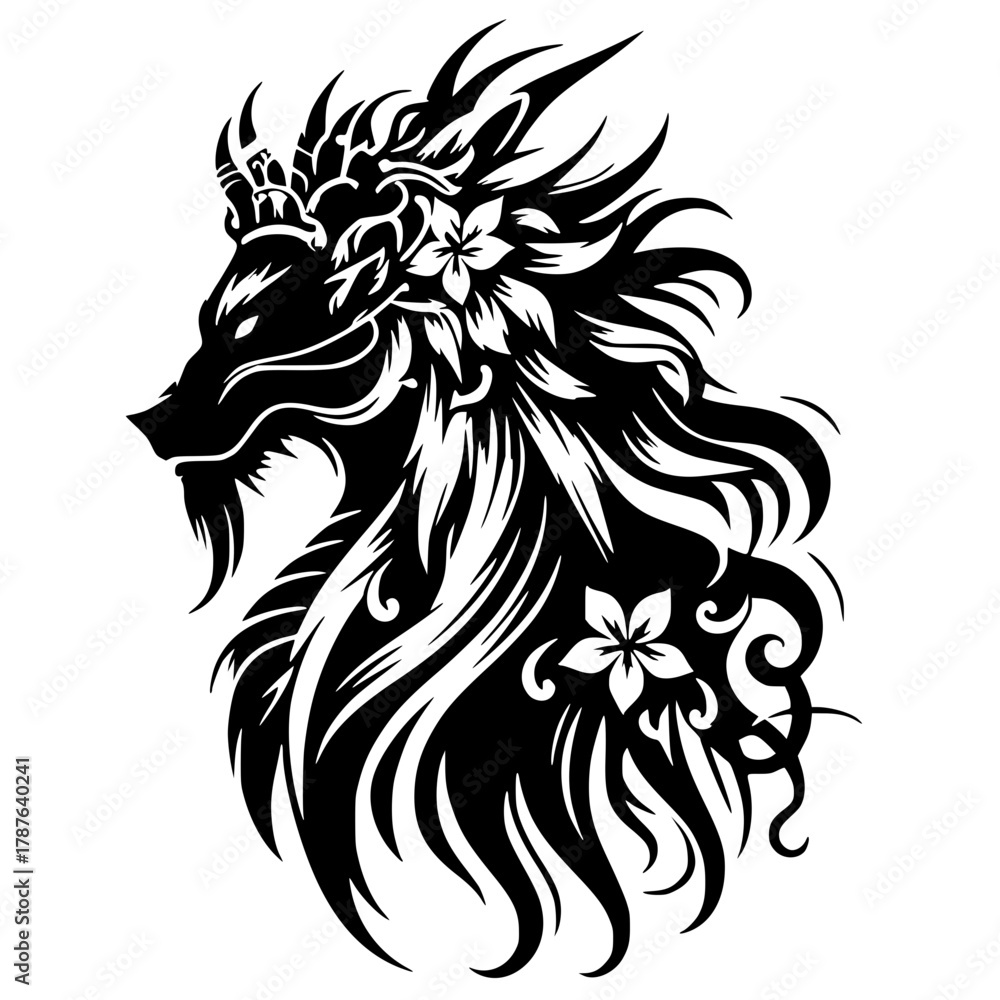 Fototapeta premium Silhouette of a flowered dragon head