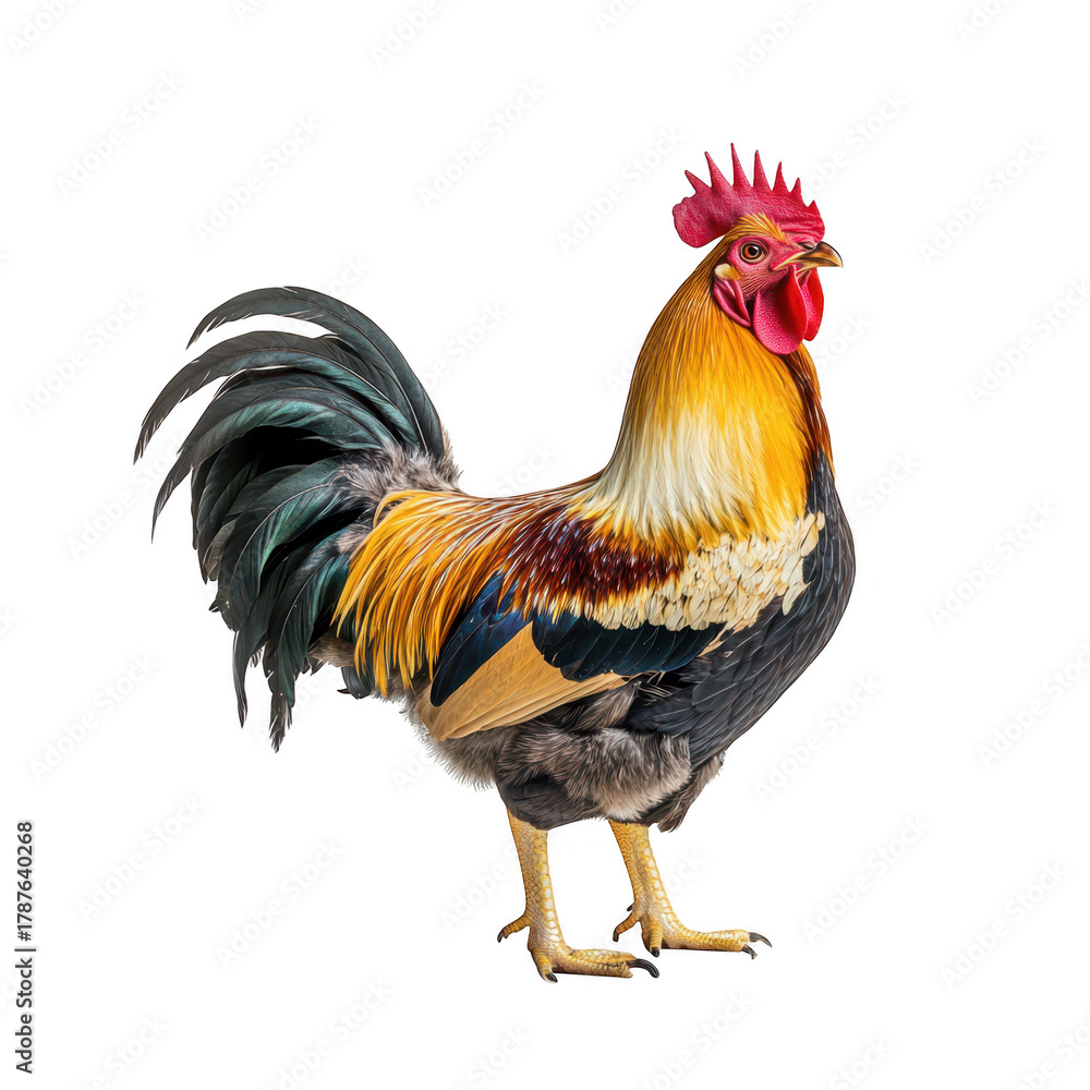 Fototapeta premium A and majestic rooster stands proudly against a clean white background. its colorful plumage and regal posture. perfect for agricultural or wildlife-themed projects