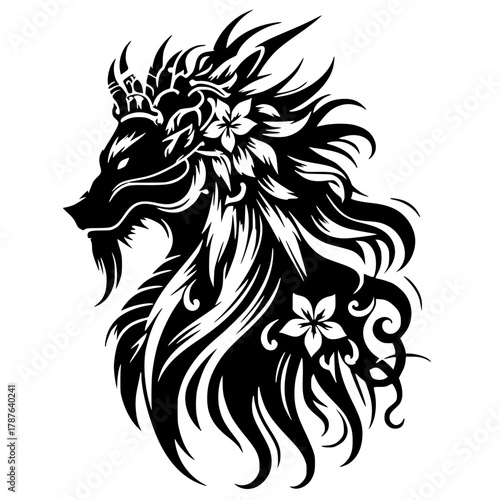 Silhouette of a flowered dragon head