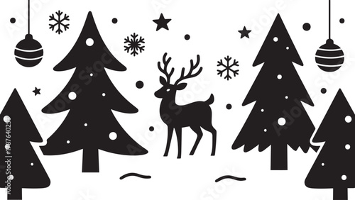 Black and white winter Christmas illustration with reindeer and trees