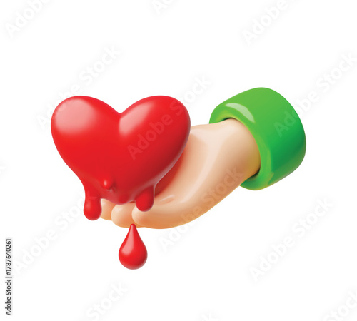 Blood donor hand with heart and drops of blood, transfusion, medical donation 3D cartoon vector concept, health care