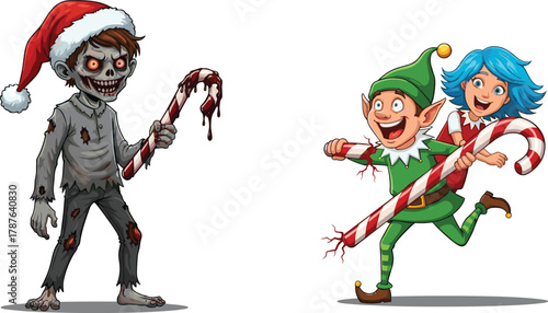 Creepy Christmas zombie holding bloody candy cane while two happy elves run with giant candy stick in funny festive illustration