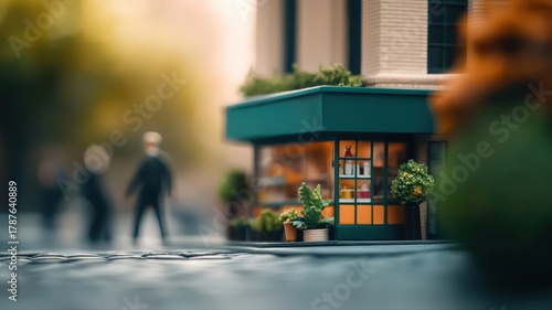 Fototapeta Naklejka Na Ścianę i Meble -  Picturesque bodega on city corner with cozy glass storefront, green plants, people casually walking and warm evening lights, reflecting vintage charm and vibrant urban community concept