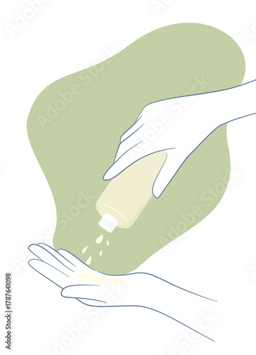 Illustration of a hand pouring toner or liquid skincare onto another open palm, depicted with soft lines and a green abstract background.