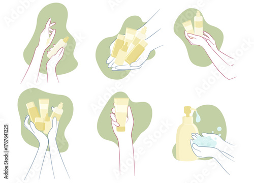layout of multiple hand gestures holding and using various skincare items: pump bottles, tubes, soap, and droppers. Soft color tones display beauty routines and cosmetic application steps.