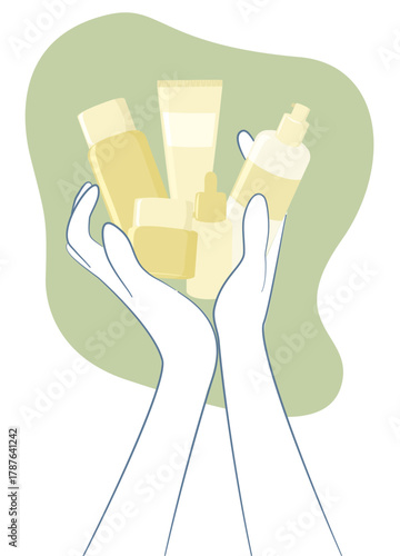 Two hands lifting multiple skincare products including tubes and bottles, depicted in a clean minimal style with a muted green shape behind. Shows cosmetic collection and self-care essentials.