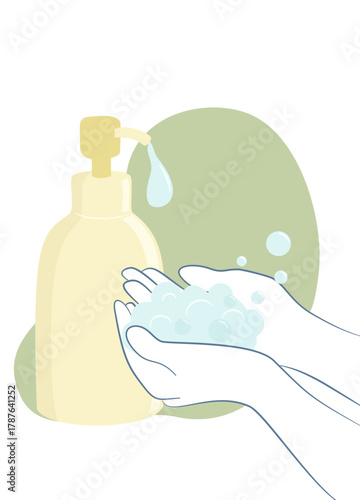 Minimalist illustration of hands washing with soap from a pump bottle, with foam forming above the palms against a soft organic green shape.