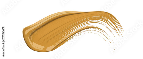 Caramel Luster Swirl Smooth, Glossy Arc of Golden Brown Liquid, Capturing Fluid Motion and a Rich, Luxurious Cosmetic or Artistic white background showing brush stroke texture detail.