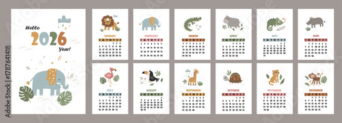 2026 calendar with safari animal images for each month. Perfect for children's rooms, kindergartens