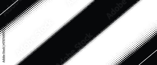 Bold Black and White Diagonal Stripes Halftone for pattern along the edges, creating a modern and abstract visual element.
