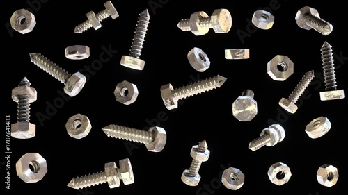 The seamless loop animation of some direction rusted screws and nuts rotate as individual origins on dark black background created by 3D modeling.